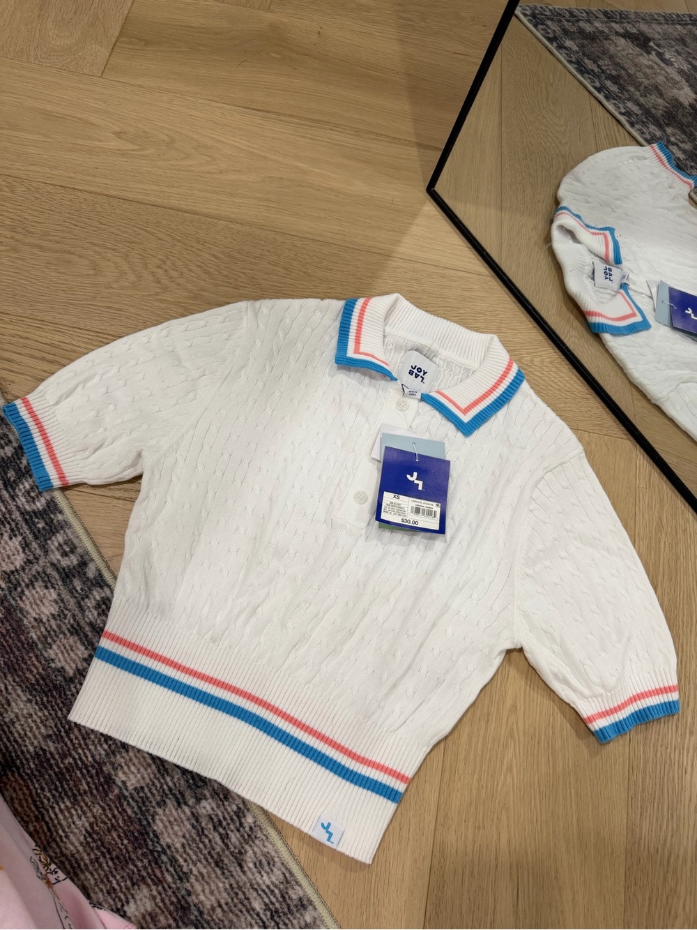 JoyLab White V-Neck Cable Knit Sweater with Blue & Pink Trim